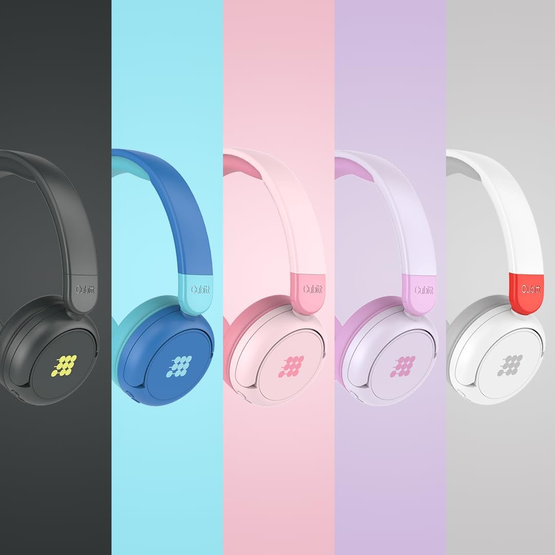 Cubitt Bluetooth Headphones for Kids, Wireless, with Premium Sound Quality, Built in Microphone, 24 Hours Playtime, Study Mode/Volume Limited and AUX Cord for iPad, Tablet, Airplane, Phone, PC, White