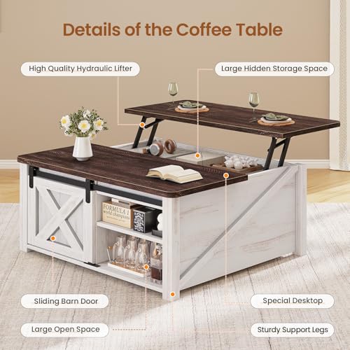 Image of SEDETA 31.5 inch Lift Top Coffee Table with Storage, Square Coffee Tables for Living Room, Farmhouse Coffee Table with Large Hidden Storage Compartment and Adjustable Shelves, Vintage White