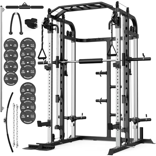 Royal Fitness Smith Machine with 240 Lbs Weight Plates, Power Cage Home Gym with LAT-Pull Down System, Power Rack with Smith Bar, Black