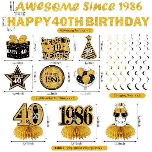 Image of Kuxriox 11Pcs 40th Birthday Decorations Kit for Men Women, Black Gold Happy 40th Birthday Banner, Awesome Since 1986 Centerpieces Swirls Party Supplies, Forty Bday Banner Ceiling Table Topper Sign