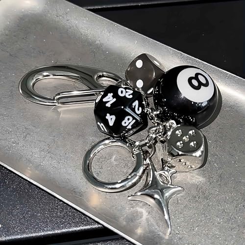 Image of magic 8 ball dice keychain, cute aesthetic y2k pool ball star key chain for men, purse bag charms for handbags backpack, billiards gifts for men