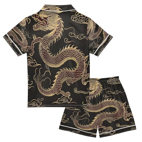 ALAZA Happy Chinese Dragon Black Satin Pajamas Set Short Sleeve Button Down Sleepwear Summer Pjs 2 Piece2