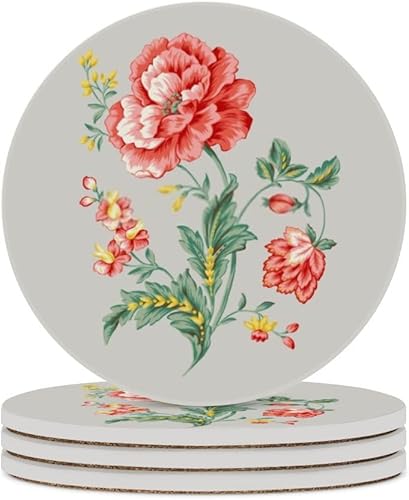 Miniatura 2 de Juego de 4 posavasos de cerámica para bebidas, juego de 4 absorbentes para mesa, textil, clásico, primavera, rosa, rosa, base redonda, corcho, taza