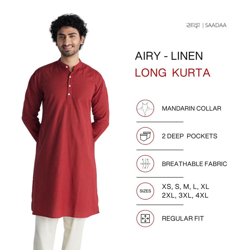 Image of SAADAA Men's Long Kurta - Linen Cotton Blend, Airy Fabric, Regular Fit, Mandarin Collar, Solid Color - Casual, Festive & Ethnic Wear