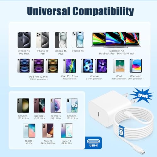Image of iPhone 17 /16 /15 Charger Fast Charging,2Pack 10FT Long USB C to C i Phone Fast Charging Cable Cord with 20W USBC Quick Charger Block Adapter for iPhone 17 /16 Pro /15 ProMax /15 Plus,iPad 12.9 /11 /10.9 /Air