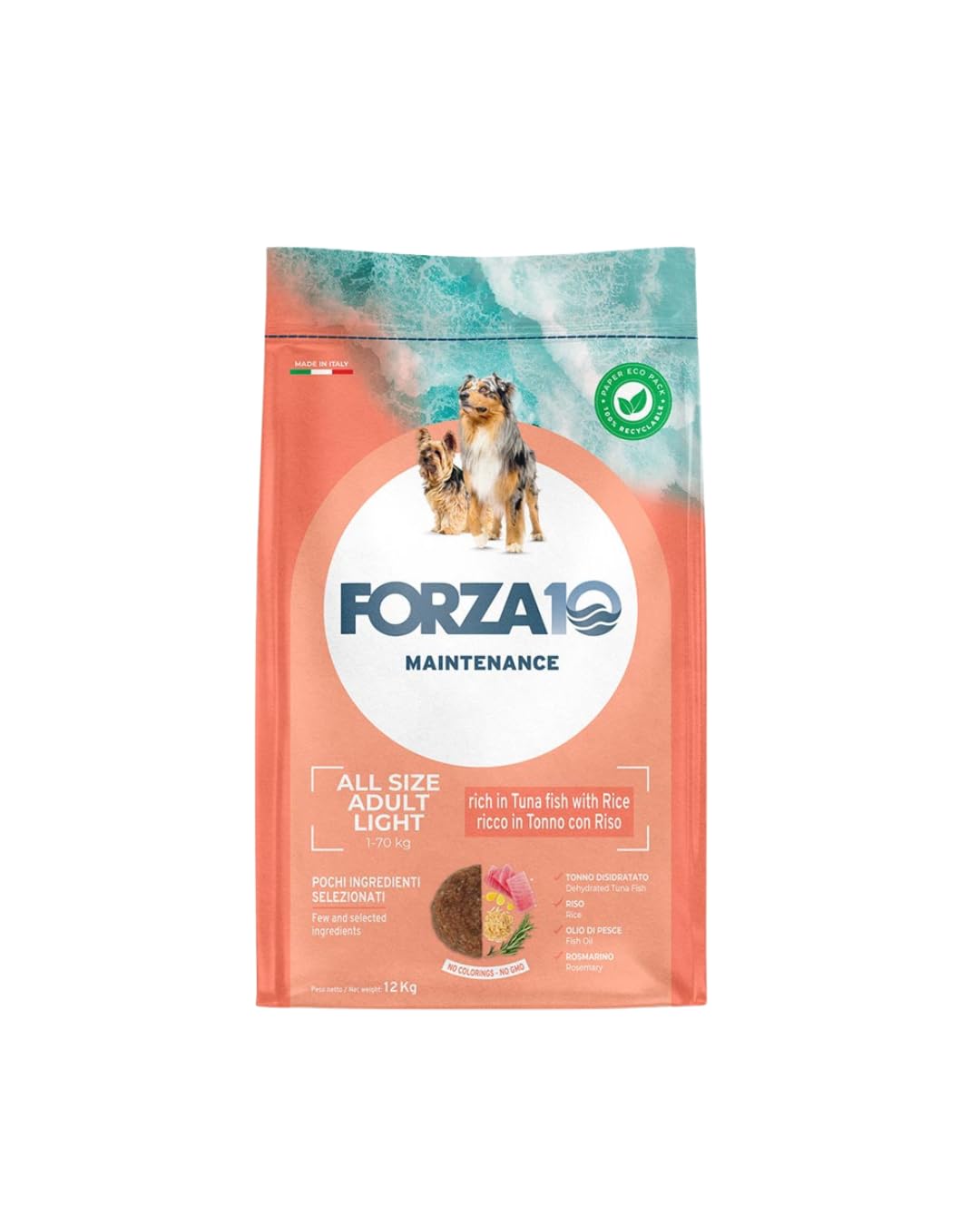 FORZA 10 Cane All Size Light Adult - Tonno con Riso | alimento secco completo per cani adulti di tutte le taglie sterilizzati o in sovrappeso, senza coloranti, Made in Italy, 1 confezione da 12kg.