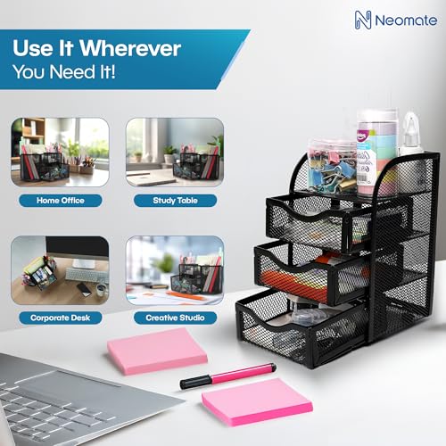Image of Neomate 3-Drawer Metal Mesh Mini Desk Organizer with Top Tray | Multi-Purpose Stationery Storage for Home & Office | Black -13D x 12.5W x 20H cm
