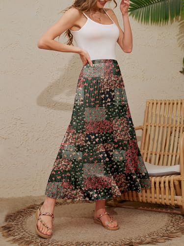 NASHALYLY Women's High Waisted Maxi Skirt,Elastic Chiffon Boho Long Skirt with Pockets(Green Boho,S)2