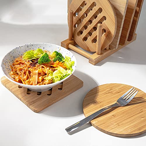 image for Lawei 8 Pack Bamboo Trivets with Dish Rack - Bamboo Trivet Mat Bamboo 