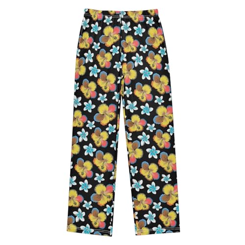 ZZXXB Hibiscus Florals Pattern Boys Long Pants Soft Trousers Elastic Waist Kids Lounge Bottoms with Pockets S-XL