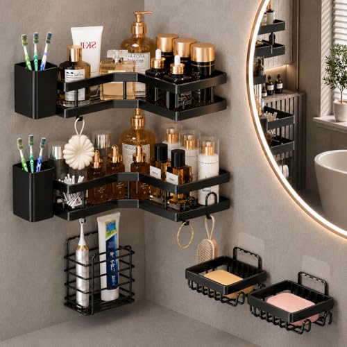 Image of 7Pcs Self Adhesive Bathroom Accessories Set, Bathroom Shelf Organizer Corner Shelf Toothbrush Holder Soap Holder & Storage Rack, No Drill Installation, Rustproof Bathroom Stand without drill