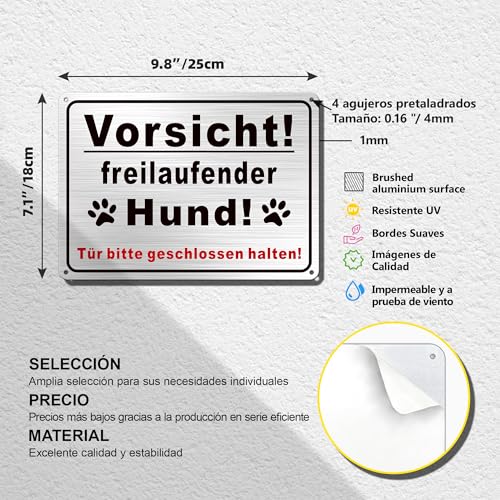 TAKULA Vorsicht Hund Schild 25 * 18cm, 'Freilaufender Hund' + Tür-Warnung, Hunde Warnschilder, Doppelmontage (Bohrung+Klebeband) | 1 Stück