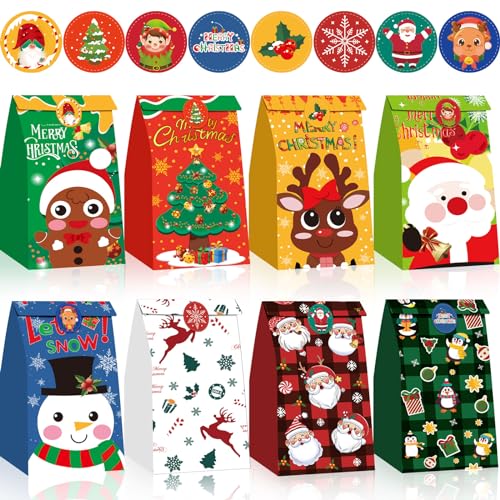FEBSNOW Christmas Gift Bags 40Pack Xmas Goody bags with Stickers,Holiday Candy Treat Bags for Kids Xmas Cookies Goodies Wrapping Bags Kraft Paper Bags...
