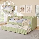 Twin Size Daybed with Pop Up Trundle, Linen Gingham Twin to King Daybed with USB Ports, Upholstered Day Bed Frame, Modern Sofa Bed for Living Room/Bedroom/Guest Room, No Box Spring Needed, Green
