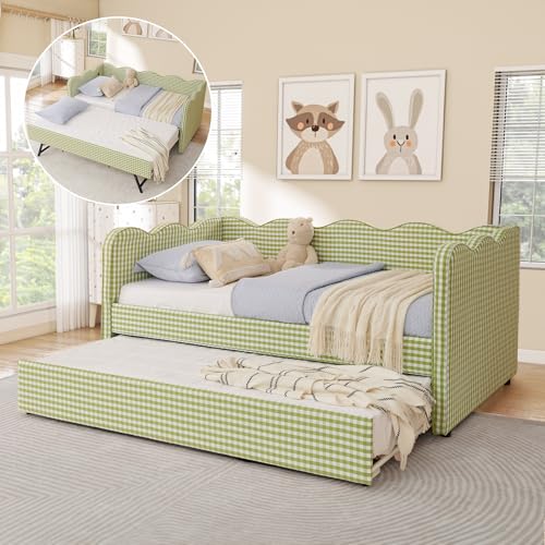 Twin Size Daybed with Pop Up Trundle, Linen Gingham Twin