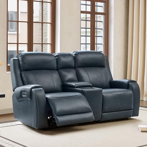 Image of CHITA Genuine Leather Power Recliner Sofa, Loveseat with Console, Navy