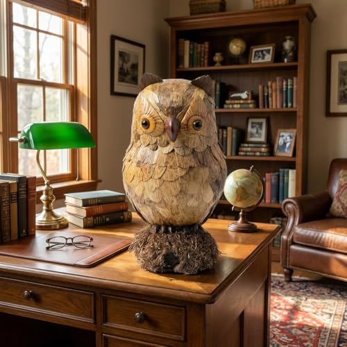 “Sovereign of The Bamboo Grove” Owl Statue – A Masterwork in Bamboo Shoot Shell &amp; Woven Bamboo for Mantel &amp; Library, on Natural Root Base, 11.8″H