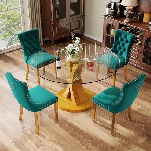 Image of 5-Piece Dining Table Set with 47In Tempered Glass Table and 4 Velvet Upholstered Chairs, Modern Scandinavian Furniture for Dining Room Kitchen(Green&Gold)