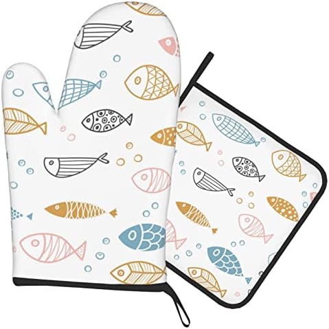 Colorful Fish Oven Mitts and Pot Holders Sets of 2, Heat Resistant Non-Slip Oven Gloves and Pad for Cooking Baking Grilling BBQ Gifts