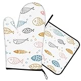 Colorful Fish Oven Mitts and Pot Holders Sets of 2, Heat Resistant Non-Slip Oven Gloves and Pad for
