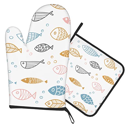 Colorful Fish Oven Mitts And Pot Holders Sets Of 2, Heat Resistant Non-Slip Oven Gloves And Pad For Cooking Baking Grilling Bbq Gifts #TOP3