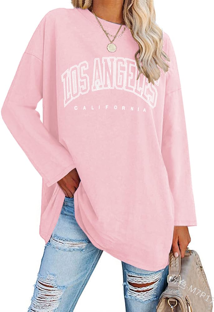 Ebifin Oversize Langarmshirt Damen Longshirt Rundhalsausschnitt Los Angeles Oberteil Langarm T Shirts Pullover Basic Tunika Tee Tops.Rosa.S