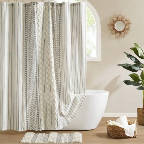 Image of Ink+Ivy Imani Tufted Chenille 100% Cotton Shower Curtain Boho Bath Curtains for Bathroom, Colorful Stripes Modern Farmhouse Shower Curtain, Bathtub Privacy Screen, Machine Washable 72 inch x 84 inch, Ivory