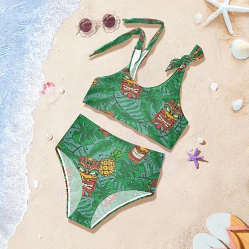 QUGRL Tiki Idols Palm Leaves Girls Swimsuit Bikini Set Green Summer Tropical Kids Bathing Suits for Girls 2 Piece Bowknot Swimwear Tankini Hawaiian 7-8 Years4