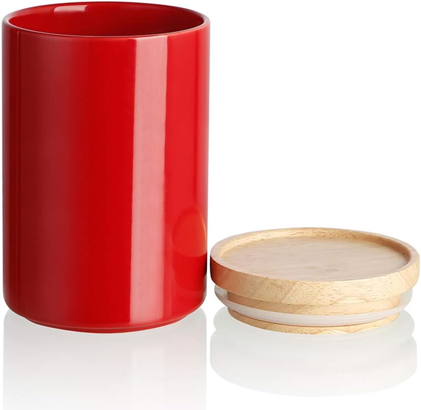 Kitchen Canisters Ceramic Food Storage Jar, Stackable Containers with Airtight Seal Wooden Lid for Serving Ground Coffee, Tea, Sugar, Salt and More - 28 Fl Oz (Red)