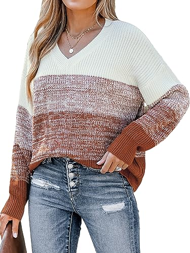 Image of CUPSHE Women Sweater Striped V-Neck Tops Long Drop Sleeve Pullover Casual