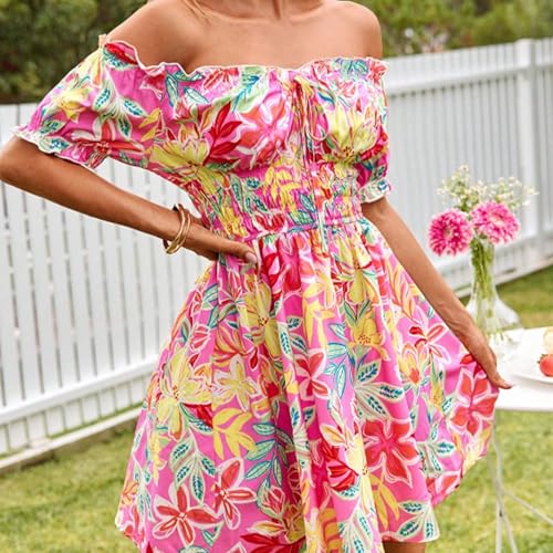 Image of Womens Summer Boho Dress Off-Shoulder Floral Mini Pleated Skirt Beach Vacation