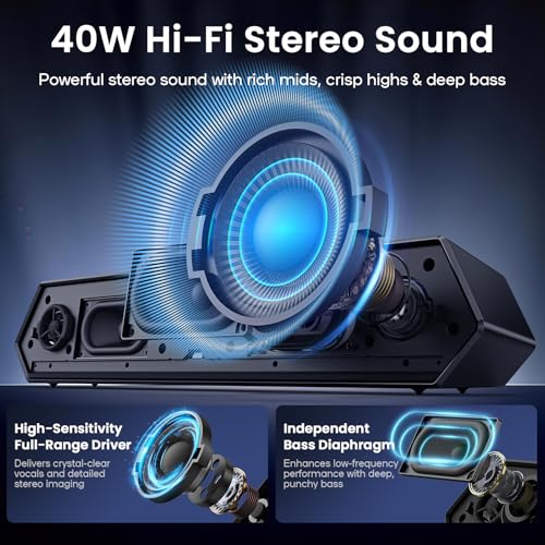 Image of Deeyaple Computer Speakers, 40W PC Speakers for Desktop Monitor with Bluetooth 5.3 & USB Audio, HiFi Stereo Gaming Soundbar with Custom EQ Software, Dynamic RGB Lighting for Laptop, PS4, PS5, Black.