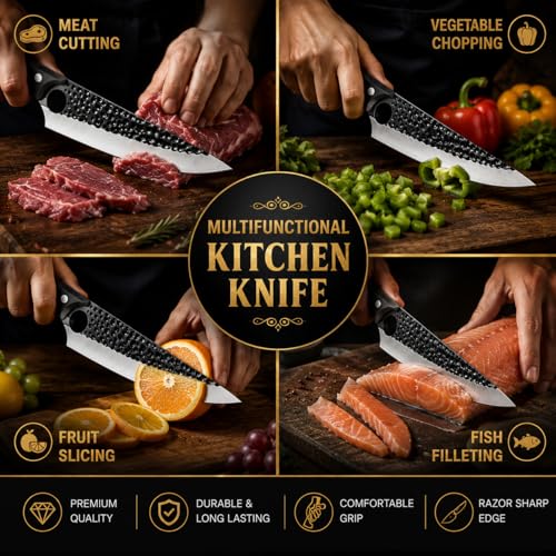 Image of JB'S LAND Hand Forged Chef Knife 8 Inch | Razor Sharp High Carbon Stainless Steel Kitchen & Butcher Knife with Full Tang Wooden Handle, Leather Sheath for Meat, Fish, Vegetable & BBQ Cutting