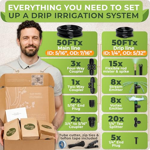 Image of CARPATHEN Drip Irrigation System Kit - Pressure Optimised Garden Watering System w 15pcs 360 Atomizing Nozzles, 16 Adjustable Drip Emitters 5 /16 and 1 /4 Tubing - Complete Watering Spray System