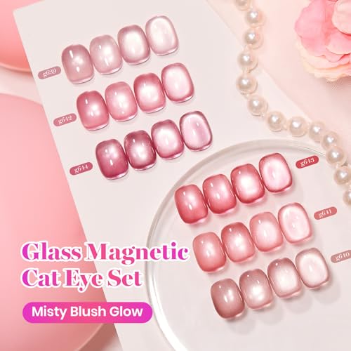 Image of Beetles Misty Blush Glow Pink Cat Eye Gel Nail Polish Set - 6 Colors 15ML Full Size Glitter Pink Spring Cat Eye Gel Polish Kit Magnetic Effect Soak Off UV Nail Art DIY Manicure Gift for Women