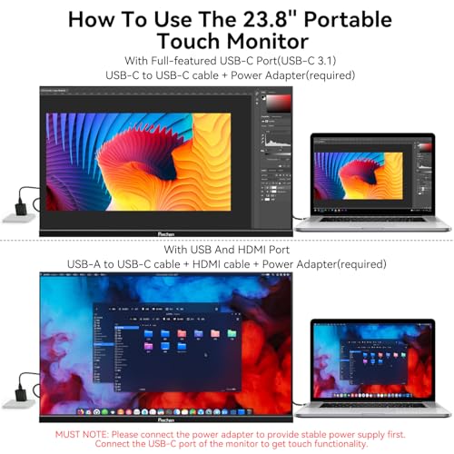 Image of 23.8 inch Portable Touchscreen Monitor 100% sRGB VA FHD 1080P, 4000:1 Contrast, VESA, Built-in Speaker, w /90Adjustable Stand USB-C HDMI 75Hz External Second Touch Screen Display for Laptop /PC /Phone