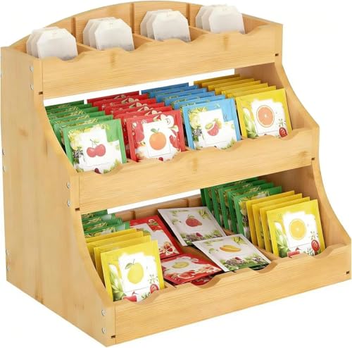 3-Tier Bamboo Tea Bag Organizer - Stylish Storage for 240+ Tea Bags, Coffee Pods & Sweeteners with Removable Dividers