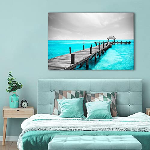 Image of Teal Ocean Canvas Wall Art for Living Room Black and White Coastal Beach Bridge Wall Decor Mexico Cancun Seascape Prints Pictures 32 inch x 48 inch Modern Artwork Poster for Bedroom Bathroom Home Decoration