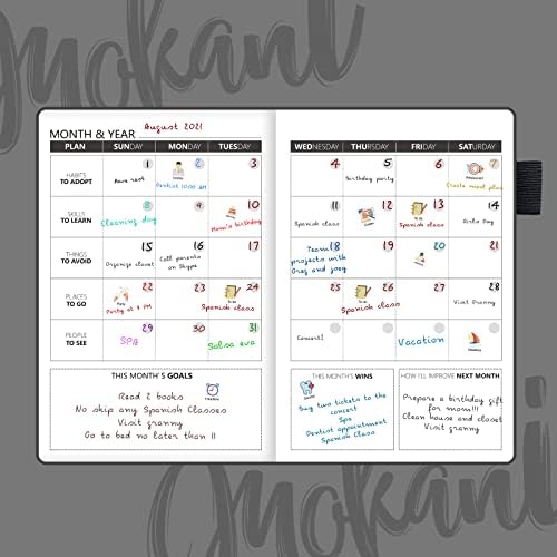 Mokani Planner Diary - Weekly & Monthly Life Planner with Leather Hardcover A5-8.27 x 5.83 - Time Management & Hit Your Goal - Organizer Notebook & Journal - Start Any Time + Stickers, Black