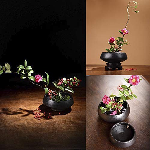 Wandic Flower Arranging Supplies, Set Of 2, Round Flower Frog & Ceramic Ikebana Vases For Ikebana Floral Arrangement Art Home Decoration, Bowl Shape Black Spotted #TOP5