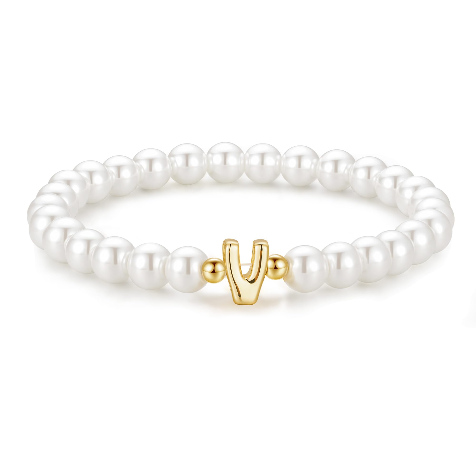 M MOOHAM Initial Bracelet for Women - Dainty Beaded Pearl Charm Bracelets for Women Trendy Charm Letter Initial V Personalized Pearl Jewelry Gifts