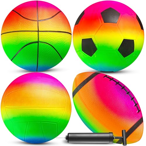 Rainbow Sports Balls for Kids & Toddlers - (Pack of 4) 8.5-Inch Neon Sport Ball Set Includes Football Soccer Basketball & Playground Balls Toy Balls for Indoor/Outdoor