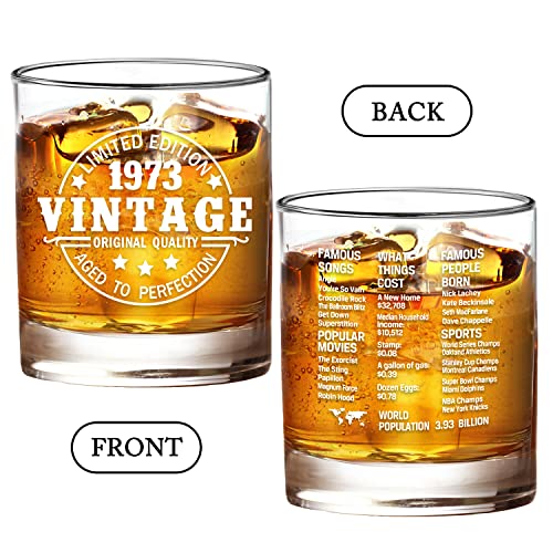 50Th Birthday Gifts Men Women - Vintage 1973 Old Time Information - 50Th Birthday Aged To Perfection - 50 Year Old Birthday Gifts - Turning 50 Birthday Decorations For Him Her - 11 Oz Whiskey Glass #TOP1