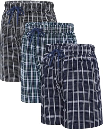 Men's Plaid Pajama Shorts Relaxed Fit Lounge Pants with Drawstring and Button Open Fly 3 Pack
