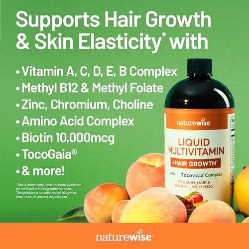 Image of NatureWise Liquid Multivitamin Hair Growth for Women & Men + Tocogaia for Hair Growth & Skin Elasticity Support + Biotin, Vitamin D, E, B - Sugar Free, Vegan - 30 fl oz[30 Servings], (Pack of 2)