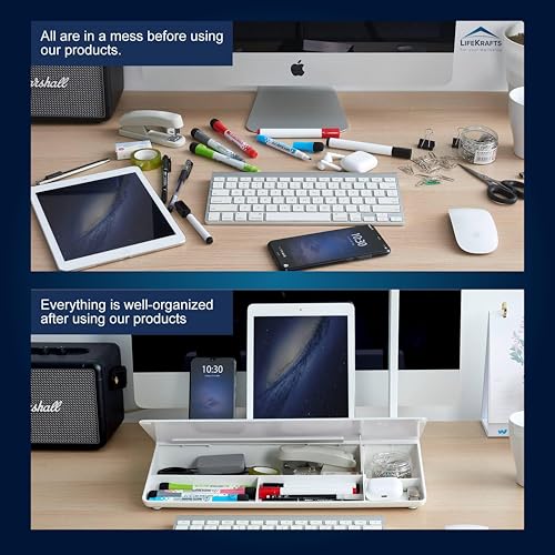 Image of LifeKrafts Glass Dry Erase Desktop Board with Swing Arm LED Lamp| 40x17 cm Non-Magnetic Whiteboard with Storage Tray| Includes 1 Pen & 1 Eraser| Ideal for Home Office, Study, and Work Desk- Pack of 1