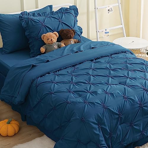 JOLLYVOGUE Teal Twin Size Comforter Sets 5 Pieces, Pintuck Bed in a Bag Comforter Set for Bedroom, Bedding Comforter Sets with Comforter, Sheets,Ruffled Shams & Pillowcases