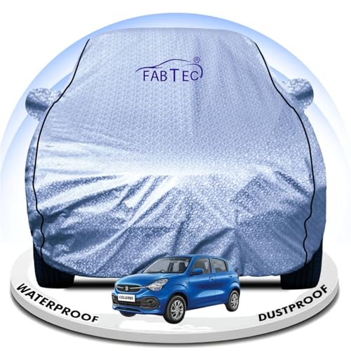 Image of FABTEC Metallic Silver Waterproof Car Body Cover for Maruti Celerio Sun, UV and Dust Protection with Mirror Pocket (Reflective Silver with Black Piping)