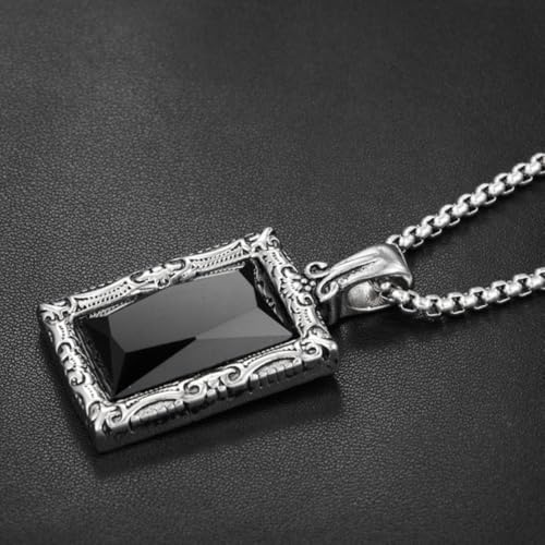 YWMAN Gothic Black Onyx Square Necklace, Rectangle Black Stone Pendant Necklace with Ornate Silver Frame, Goth Jewelry Gift for Men Women2