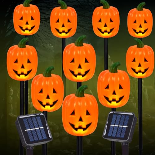 BRIGHTDECK Halloween Pumpkin Stake Lights, Set of 10 Decorative Solar Pumpkin Lights, Waterproof...